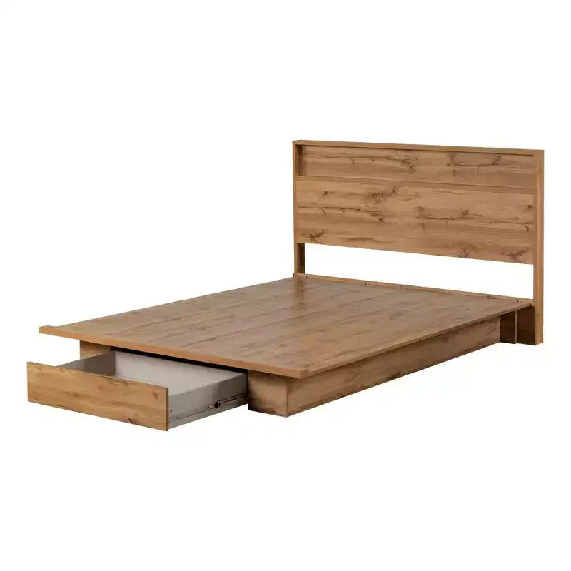 South Shore Full/Queen Bed and Headboard Set Nordik Oak: Storage Drawer, Laminated Finish, No Box Spring Required