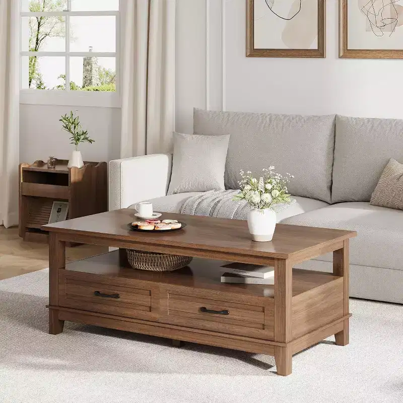 Coffee Table with Drawers, 47.2 Rustic Center Table with Open Shelf and 6 Support Legs, Large Living Room Table with Storage
