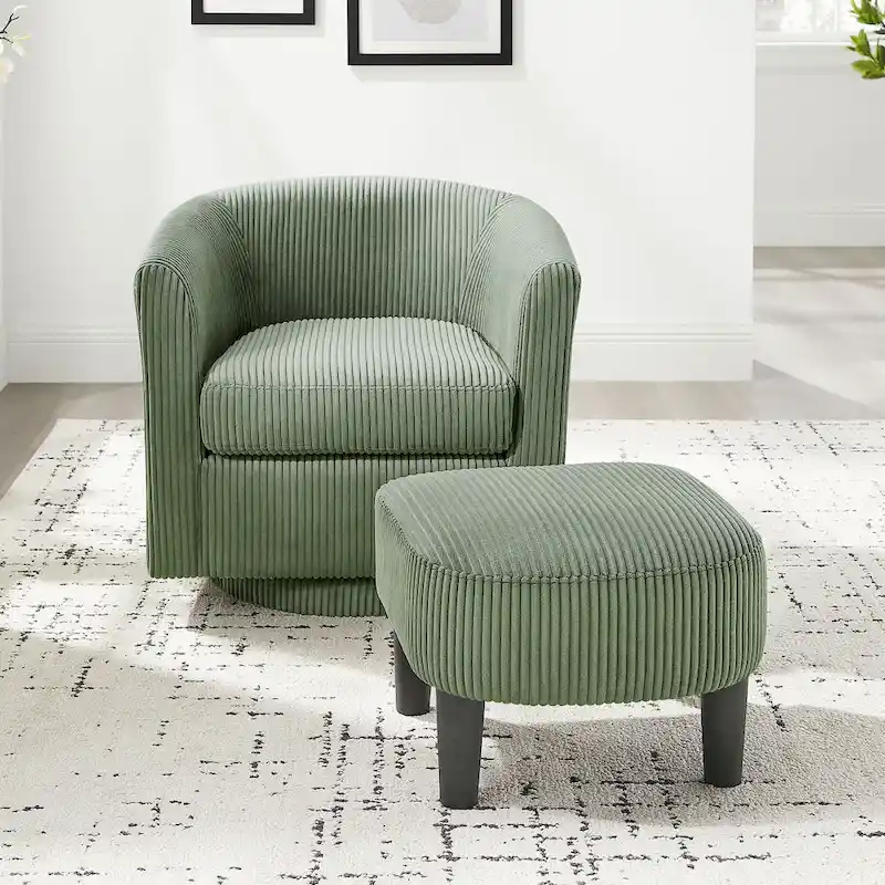 360° Swivel Corduroy Accent Chair with Ottoman – Rubber Wood Frame