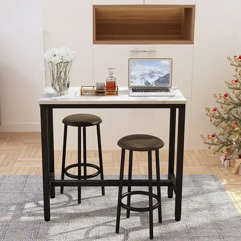 3 Piece Kitchen Pub Dining Set, Modern Faux Marble Counter Height Bistro Bar Table Set with 2 PU Leather Bar Stools