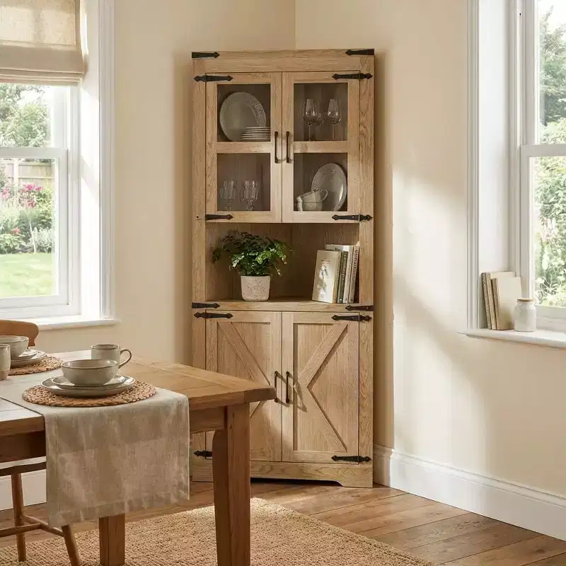 69 Tall Corner Cabinet, Farmhouse Corner Storage Cabinet, Space Saving Storage, Glass Door, Adjustable Shelves, for Living Room, Kitchen