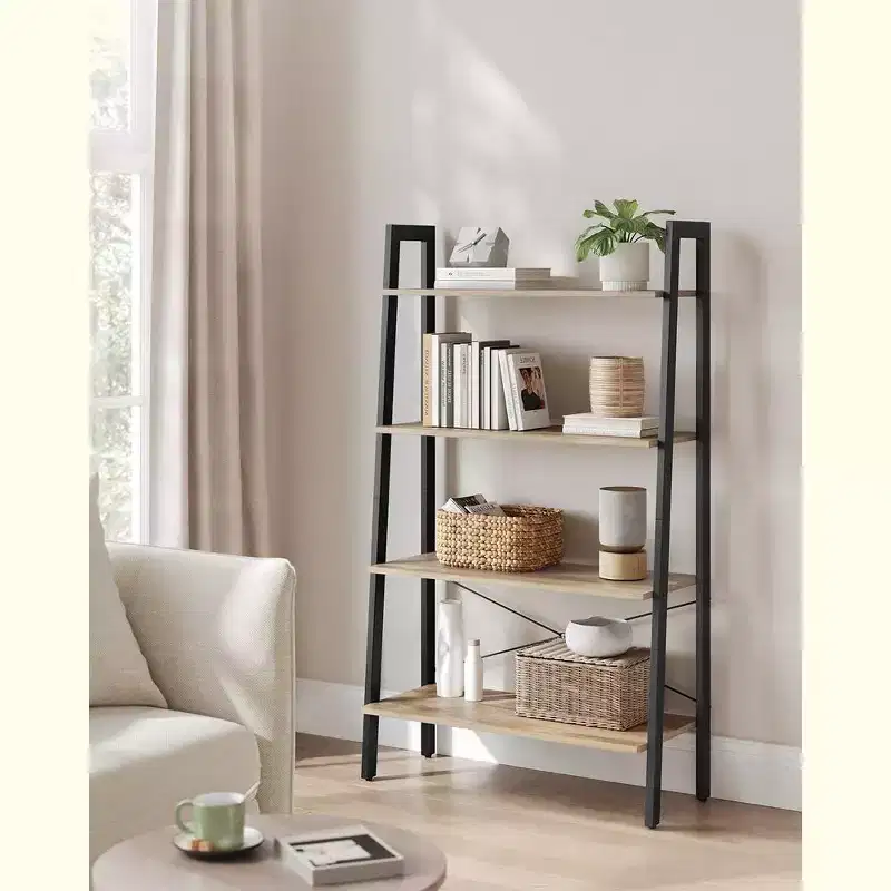 4-Tier Industrial Ladder Shelf Bookcase with Steel Frame - Camel Brown & Black