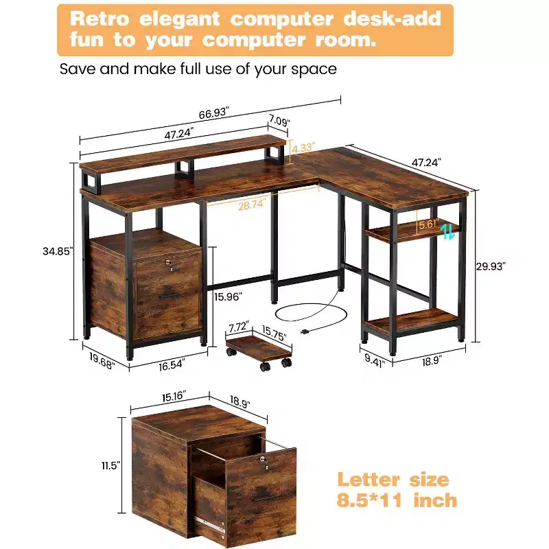 COZONY 67 Inch L Shaped Computer Desk, Power Outlets 2 Monitor Stands Adjustable Storage Shelf Multiple File Drawers Reversible Gaming Home Office