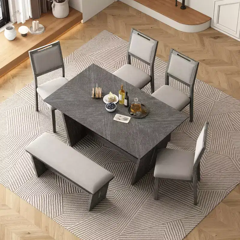 GDFStudio Herty 6 Piece Dining Set with 60 Rubberwood Kitchen Table and Upholstered Chairs & Bench