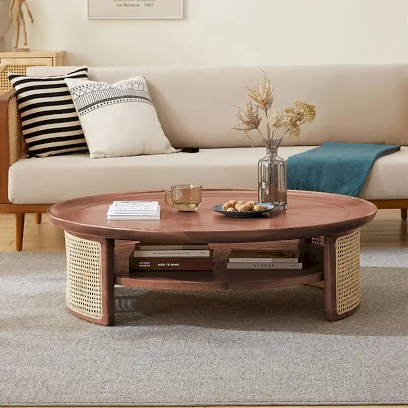 JASIWAY 2-Tiered Round Wood Coffee Table with Rattan Base