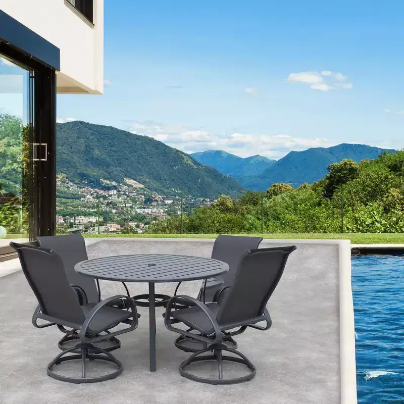 Courtyard Casual Santa Fe 5 pc 48 Round Dining Set with Sling Swivel Rockers Includes one Round table and 4 Sling Swivel Rockers