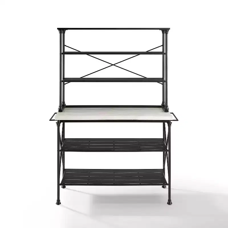 Kitchen Island Matte Black - Veneer Surface, Metal Frame, 6 Open Shelves