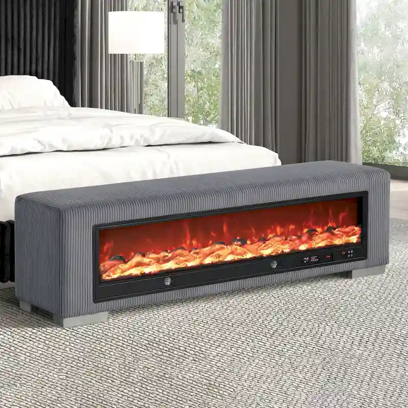 Goffney Chenille Bench with Fireplace Simulator and Bluetooth Audio