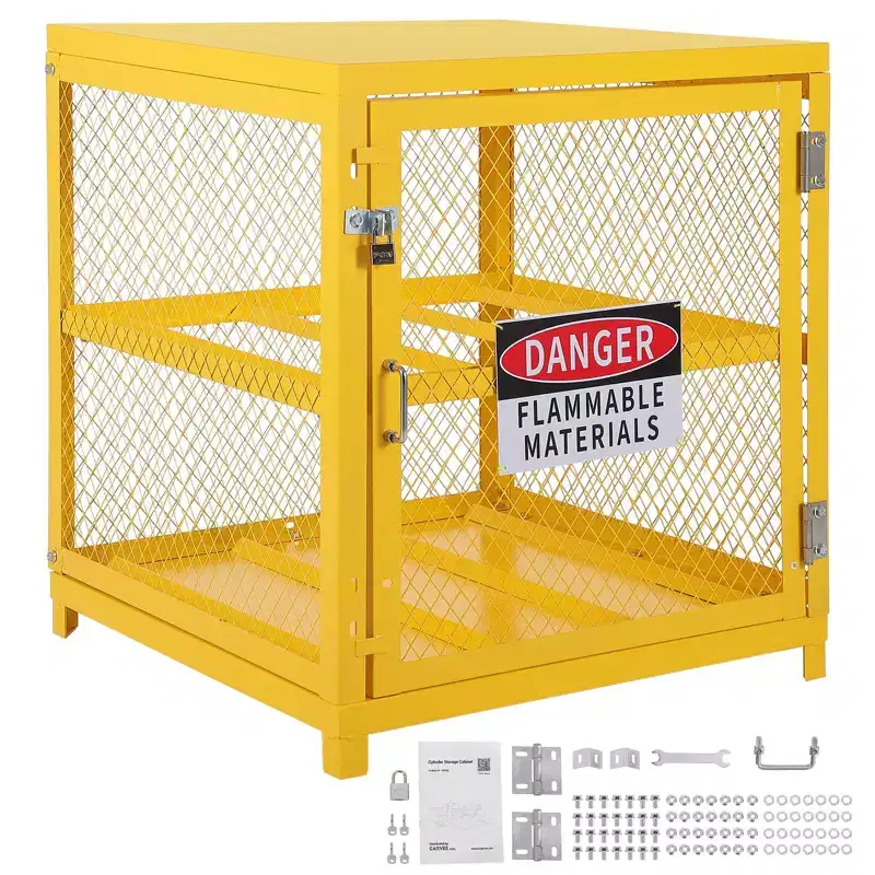 31x30x35 Inch Hazardous Storage Cabinets Lockable Heavy-Duty for 4 Propane Cylinders OSHA-Compliant Gas Tank Cage Anti-Slip Guardrails Yellow Steel