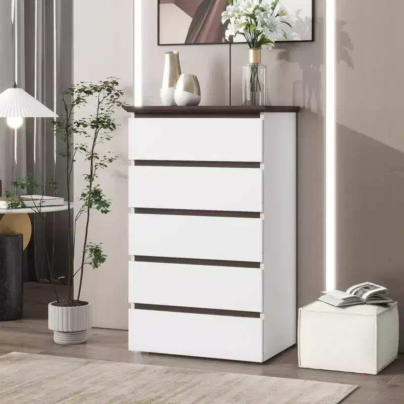 5 Drawer Dresser for Bedroom, Modern Closet Dressers Chest of Drawers, White & Walnut color Storage Dresser Chest Cabinet Organizer Unit