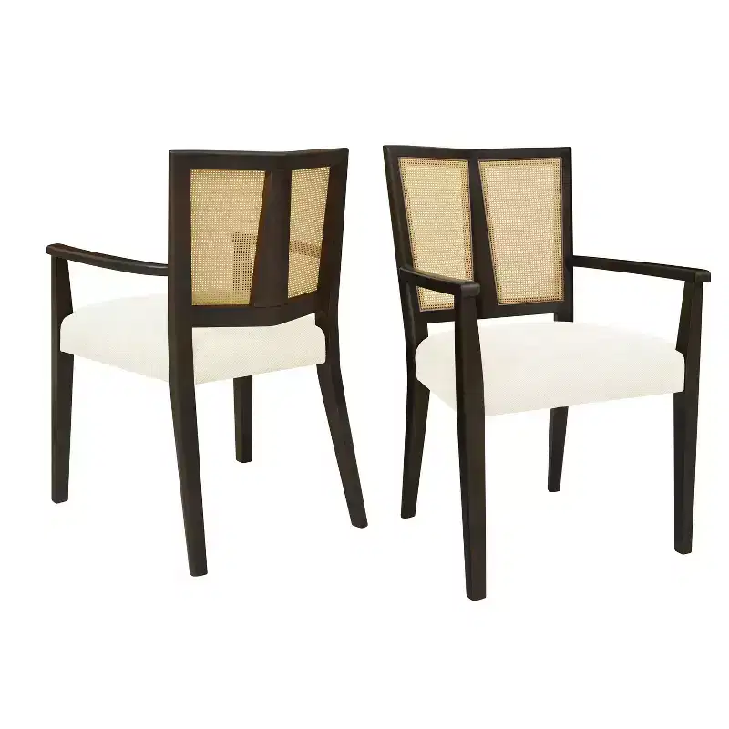 2Pcs Modern Upholstered Fabric Armchairs Dining Chairs Rattan Back Dining Room Chairs Accent Kitchen Chairs with Solid Wood Legs Dark Brown