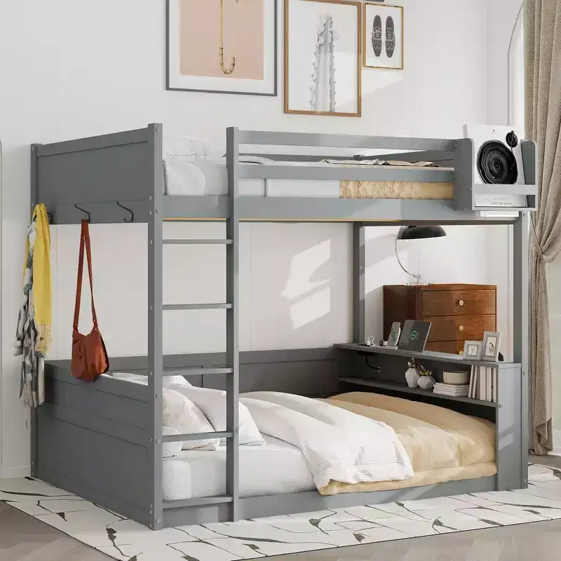 Low Bunk Bed Queen over Queen with Storage Shelves, Wood Bunk Bed with USB Charging Station and LED Light