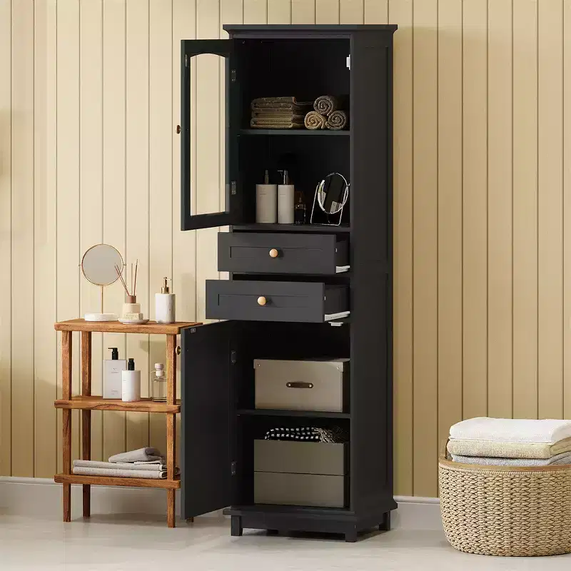 Bathroom Cabinet, Modern Tall Storage Cabinet With Glass Door, Freestanding Floor Cabinet With Adjustable Shelves & 2 Drawer