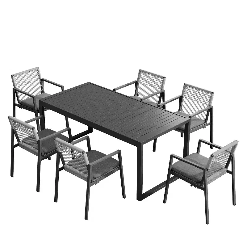 Christopher Knight Home Bennett 7 pcs Outdoor Modern Aluminum Dining Set with Woven Rope, Black/Gray