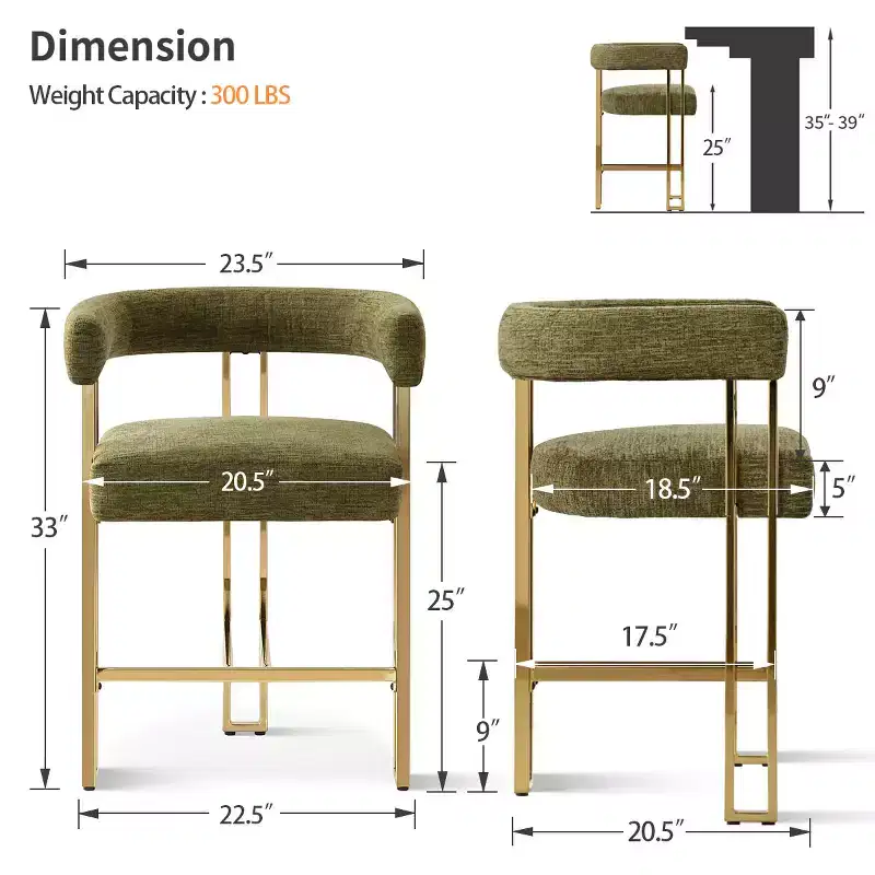 Set of 3 Counter Height Bar Stools with Backs and Arms, Modern Chenille Upholstered Kitchen Island Chairs with Gold Metal Legs - Panipeachy