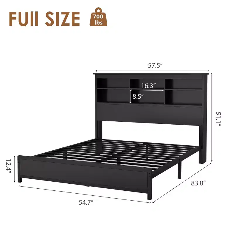 King Size Bed Frame with Bookcase Headboard, Tall Wooden Bed Headboard Frame, Under Bed Storage Space, No Box Spring Needed, Black