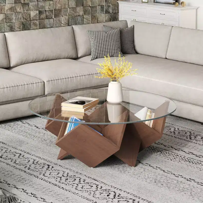 35.4 Inch Round Coffee Table With Glass Top, Geometric Art Deco Base and Storage Shelves, Walnut