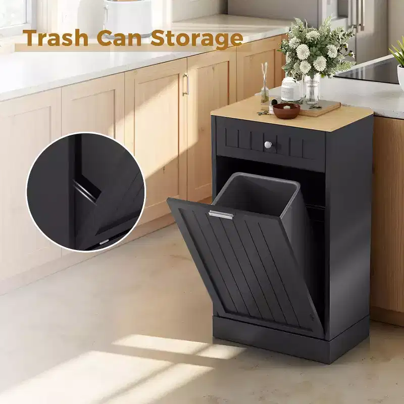 COZONY Wood Trash & Recycling Cabinet with Hideaway Drawer  Pet-Proof Freestanding Kitchen Bin Holder, Space-Saving Design