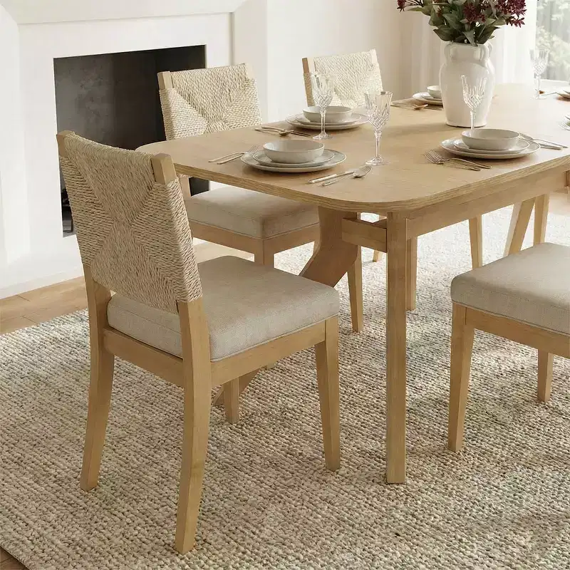 Expandable Dining Table Set for 6/8, Japandi Dining Room Furniture, Rope Back Chairs with Beige Upholstered Seats-Panipeachy