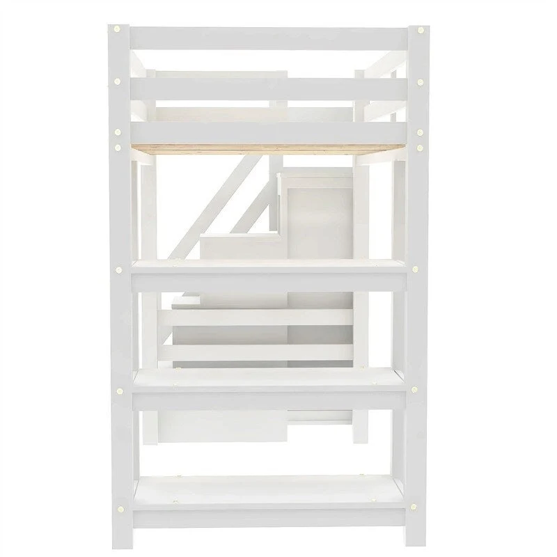 Twin/Full Size Loft Bed with Small Wardrobe and Storage Staircase, Solid Wood Loft Bedframe with LED Light and Storage Shelves