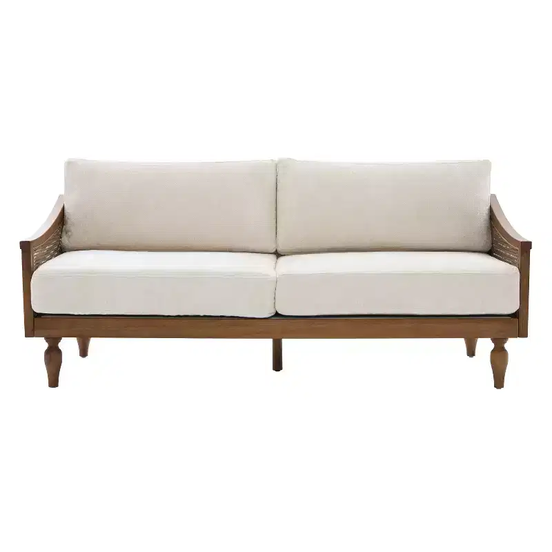 Christopher Knight Home Sachiko 70.9 Mid-Century Modern 2-Seater Rubberwood Chenille Upholstered Sofa with Rattan Armrests