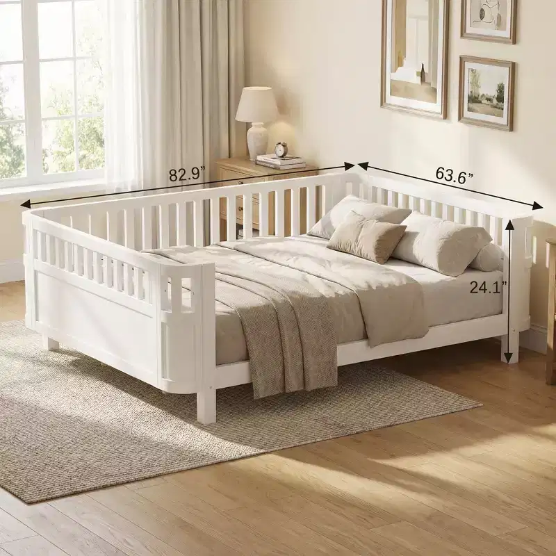 JVNOXK White Queen Size Low Profile Wood Platform Bed with Removable Rails, Safe Kids Bed for Girls and Boys