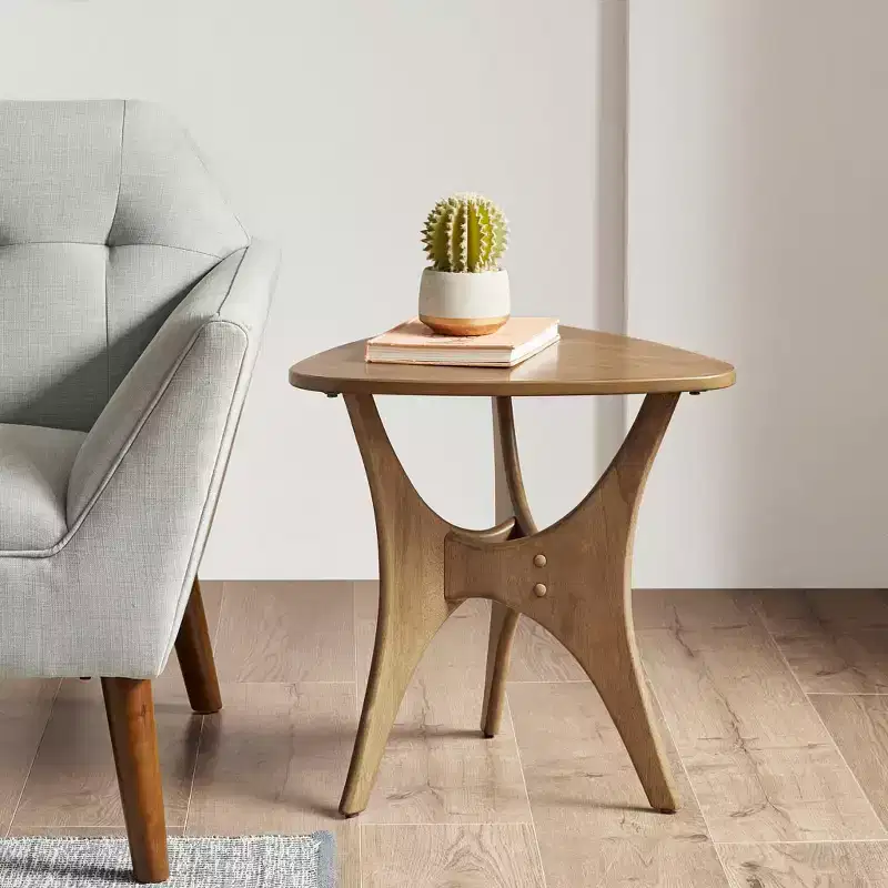 GDFStudio Calder Triangle Wood Side Table with Cross Base