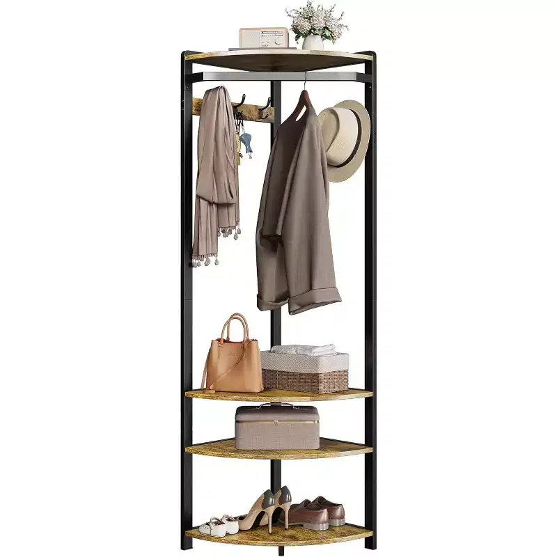 Corner Coat Rack with Storage, Entryway Coat Rack with 6 Double Hooks, Corner Hall Tree with Organizer, for Hallway, Closet