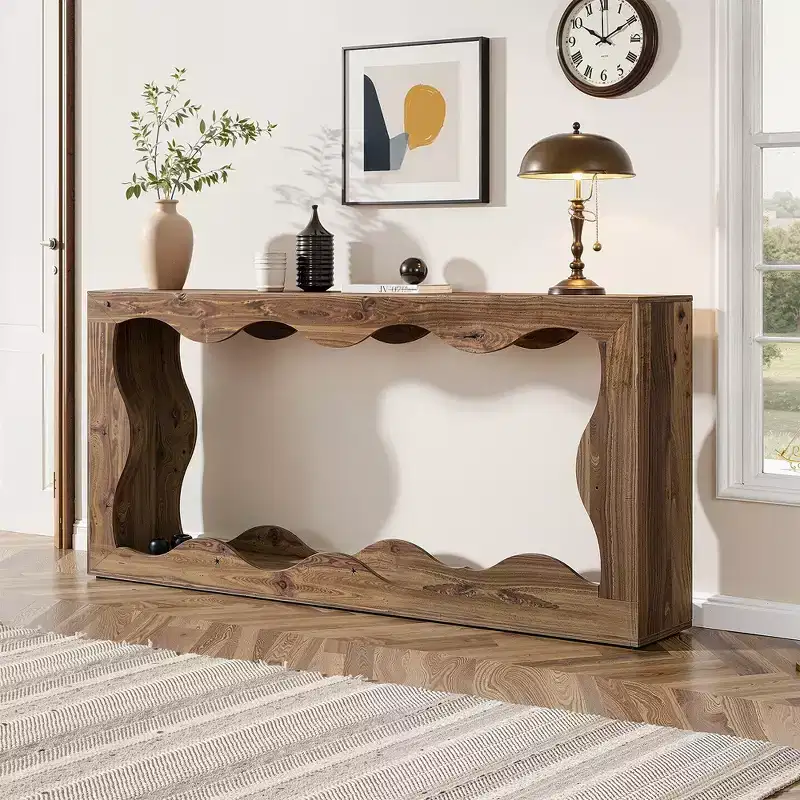 63 Wavy Scalloped Console Table, Retro Farmhouse 2-Tier Entryway Table for Home