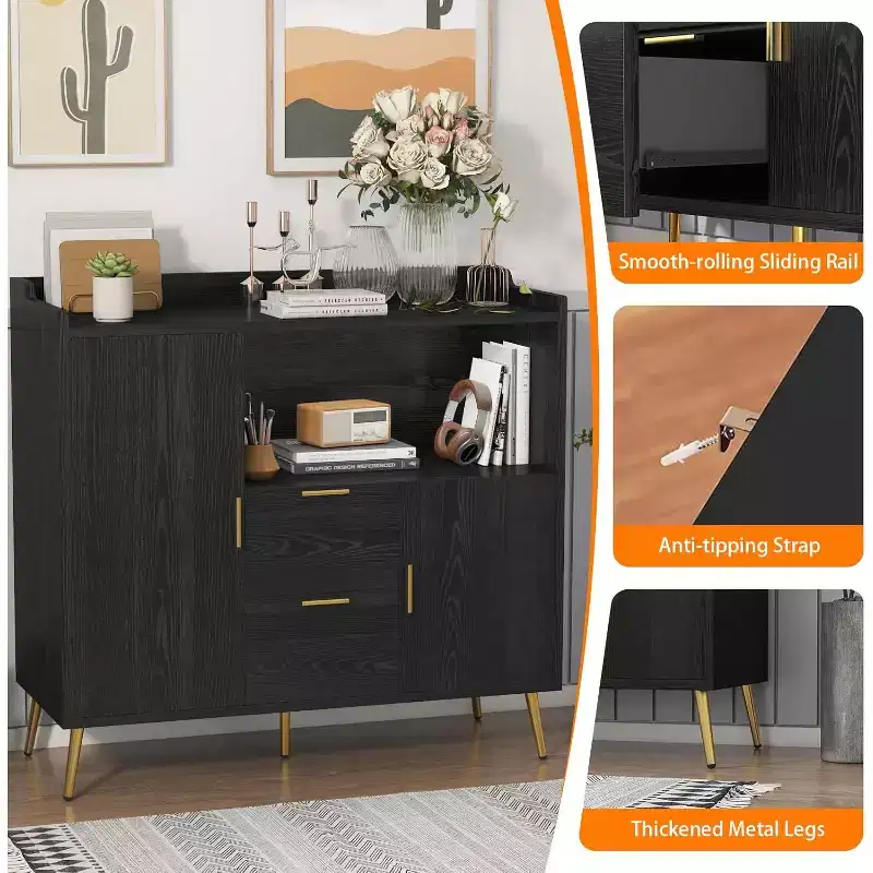 Storage Cabinet, Buffet Cabinet with Shelf, Coffee Bar with 2 Drawers and 2 Doors and Open Storage