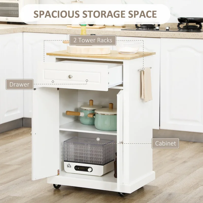 Rolling Adjustable Shelf Kitchen Island with Drawer and 2 Towel Racks