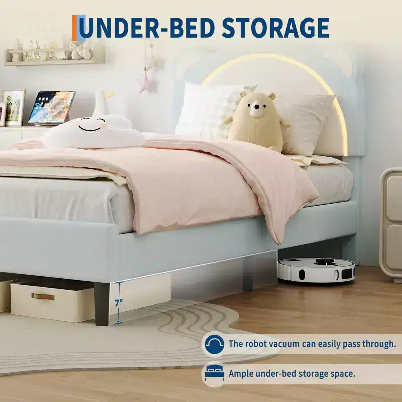 Cute Kids Bed Frame - Adjustable adorable bear design, suede upholstery, storage drawers, solid wood slats, quiet design, easy to assemble.