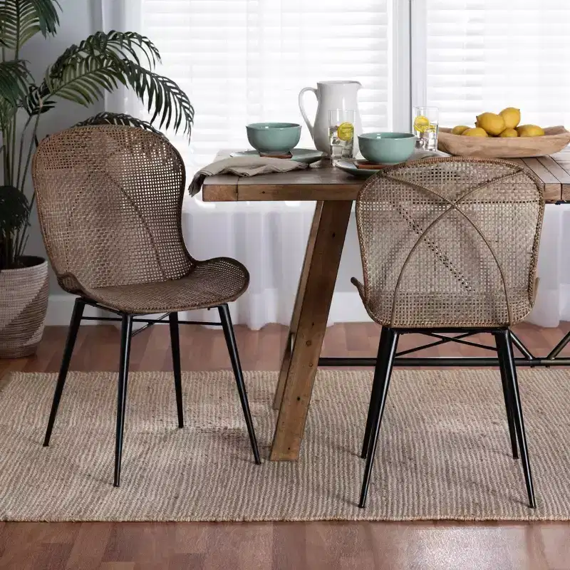 bali & pari Sabelle Japandi Greywashed Rattan and Metal Dining Chair Set