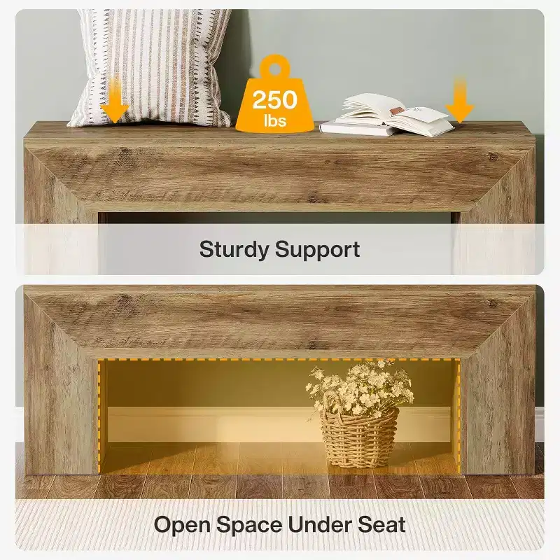 Lantine 47'' Wooden Entryway Bench, Farmhouse Style Indoor Bench with Storage for Living Room, Bedroom, Hallway, Easy Assembly, Oak Brown