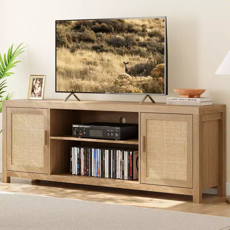 Boho TV Stand, Rattan Entertainment Center with Adjustable Shelves & Storage, Natural Oak