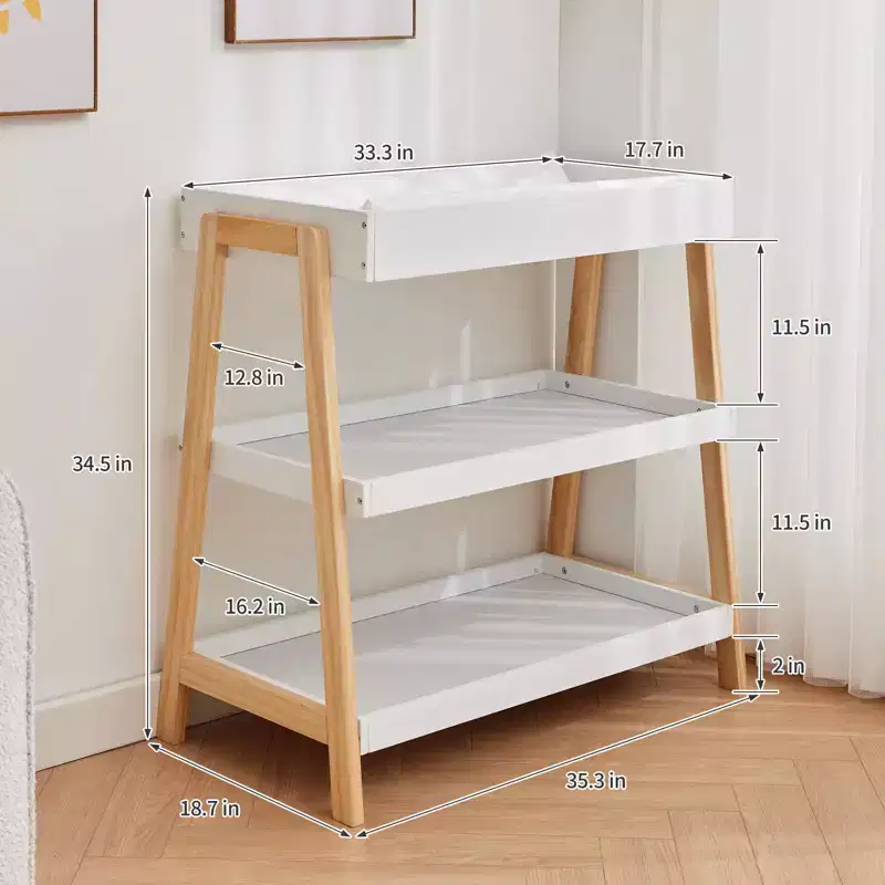 Portable Baby Changing Station C White & Wood, with Waterproof Pad & 2 Storage Shelves for Newborns & Infants
