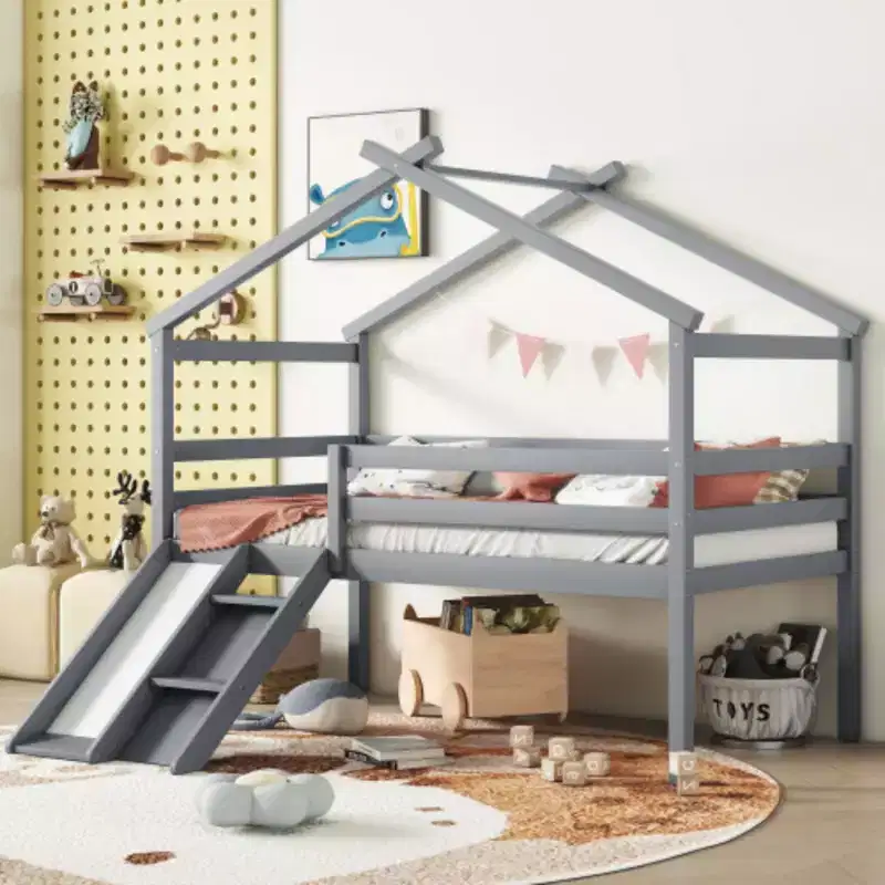 Youth Loft Bed with Slide, Access Ladder, and Guard Rails, Complete with Playhouse-Style Roof