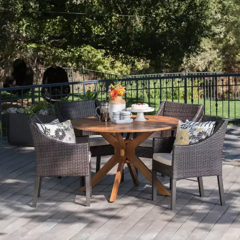 Christopher Knight Home Owen Outdoor Acacia Wood and Wicker 5 Piece Dining Set with Cushion