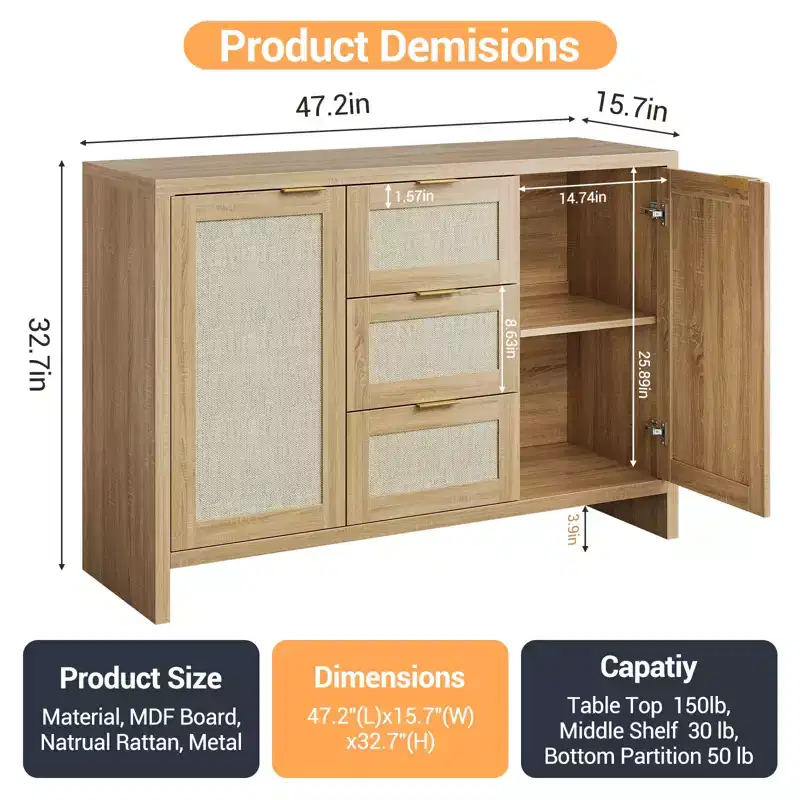 47'' Modern Rattan Buffet Cabinet Sideboard with Storage, Boho Credenza with Drawers & Doors, Wooden Coffee Bar Cabinet