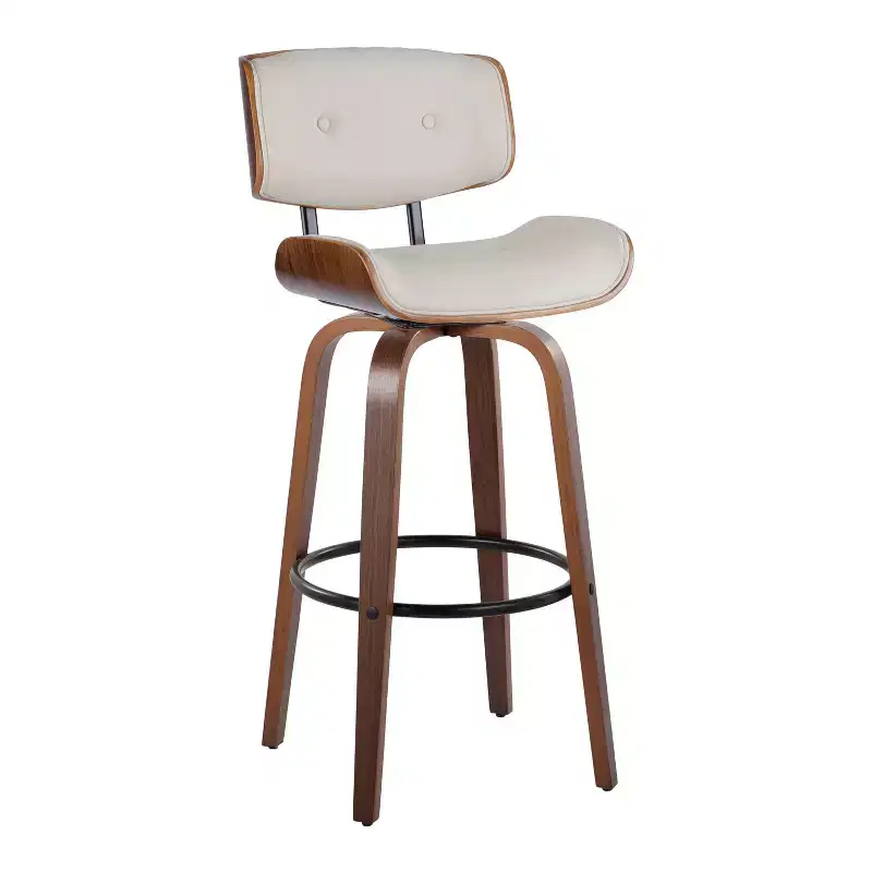 Set of 2 Lombardi Barstools Walnut/Black/Cream PU: Fixed-Height, Full Back & Footrest - LumiSource