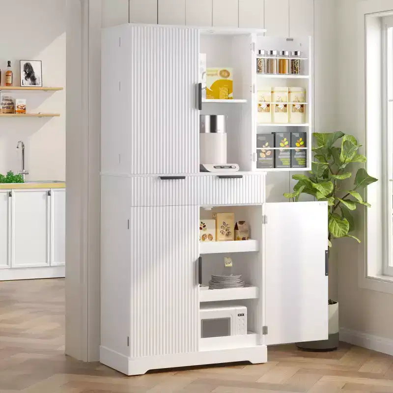 Okak Modern Fluted Kitchen Pantry Cabinet with 3 Keyboard Drawers, Freestanding Cupboard Buffet Storage Cabinet for Dining Room