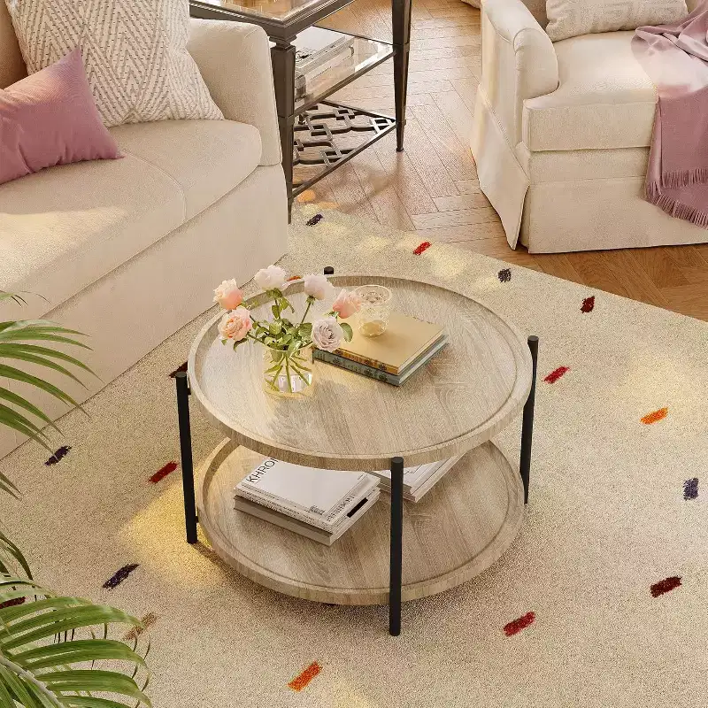 Round Coffee Table, 2 Tier Wooden Round Coffee Table, Rustic Wood Desktop, Circle Cocktail Tables with Storage Shelf for Living Room, Apartment