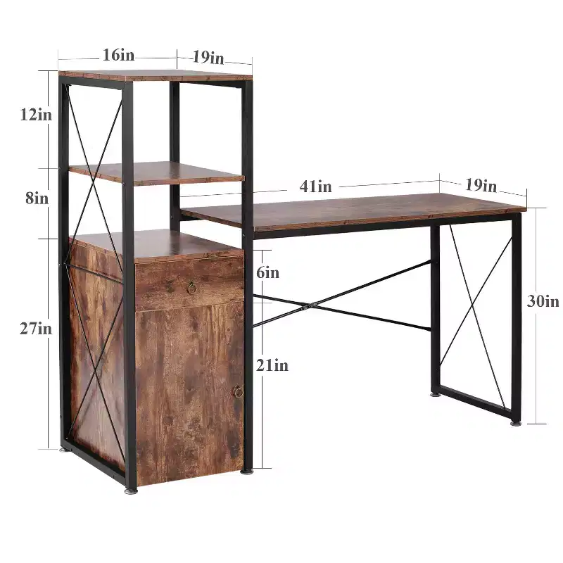 Computer Desk with Drawer & Storage Cabinet, Large Office Desk Workstation with Bookshelf, Brown
