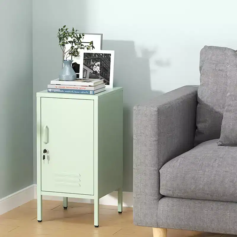 Lockable Single Door Metal End Table, Modern Side Table with 2 Adjustable Shelves, Multi-Storage Cabinet for Living Room & Bedroom