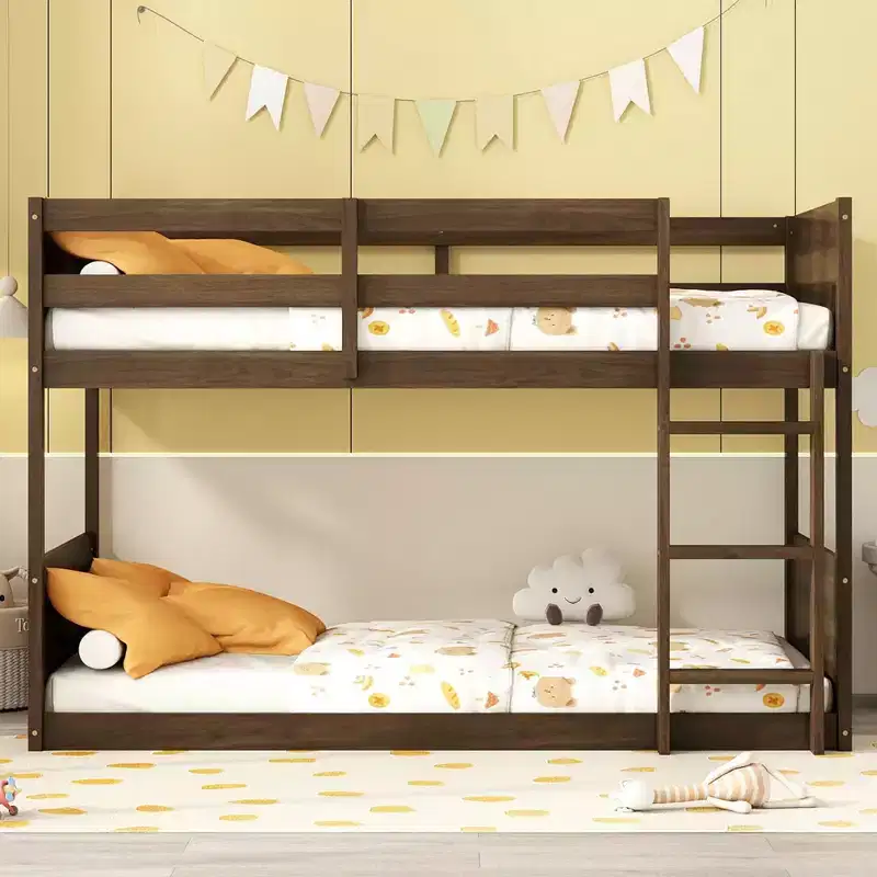 Twin over Twin Floor Bunk Bed with Rubber Wood Frame, Toddler Bunk Beds with Panelled Headboard and Footboard, Bed Frames for Bedroom