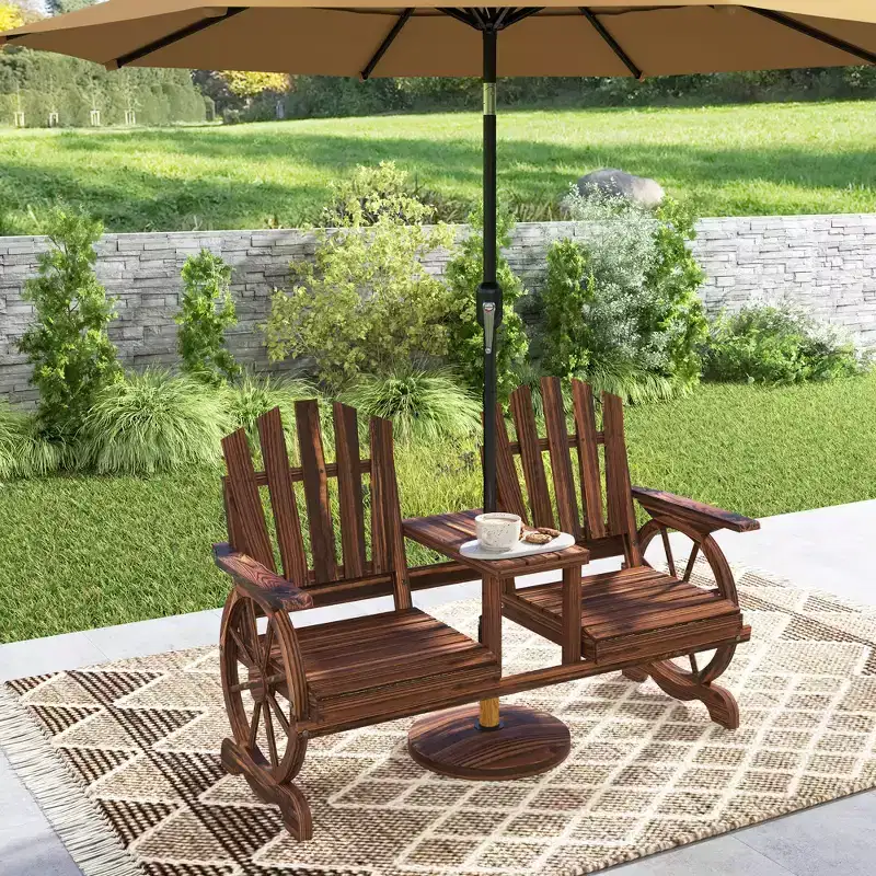 Outsunny Wooden Garden Bench with Table, Umbrella Hole, 2-Seat Wagon Wheel Outdoor Bench, High Backrest, Armrests for Backyard, Patio