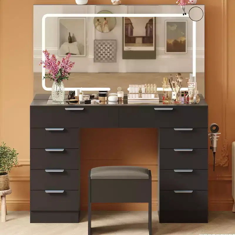 Makeup Vanity Desk with LED Light Mirror Power Outlet and 10 Drawers, Dressing Table Set with Stool 3 Lighting Modes for Bedroom