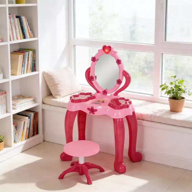 Etokfoks Kids Vanity Table with Stool Interactive Light Up Mirror and Sound 15 Accessories Pink Child Safe for Ages 3 to 6 17 in Wide