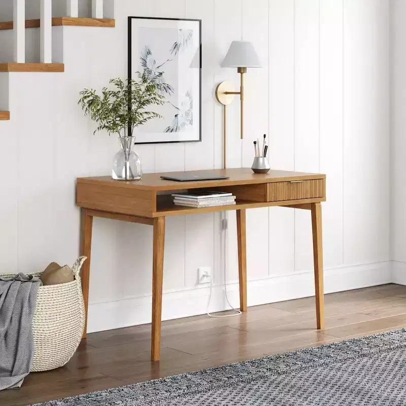Boho Wood Fluted Desk with Drawer and Open Cubby Natural Brown: Veneer Surface, Wood Frame, Spot Clean, 31"H x 43"W x 24"D