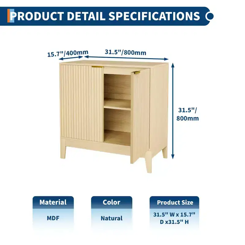 31.5 Fluted Storage Cabinet with Gold Handles, Adjustable Shelf, Oak Finish Credenza, Modern Buffet Sideboard for Dining Room Kitchen
